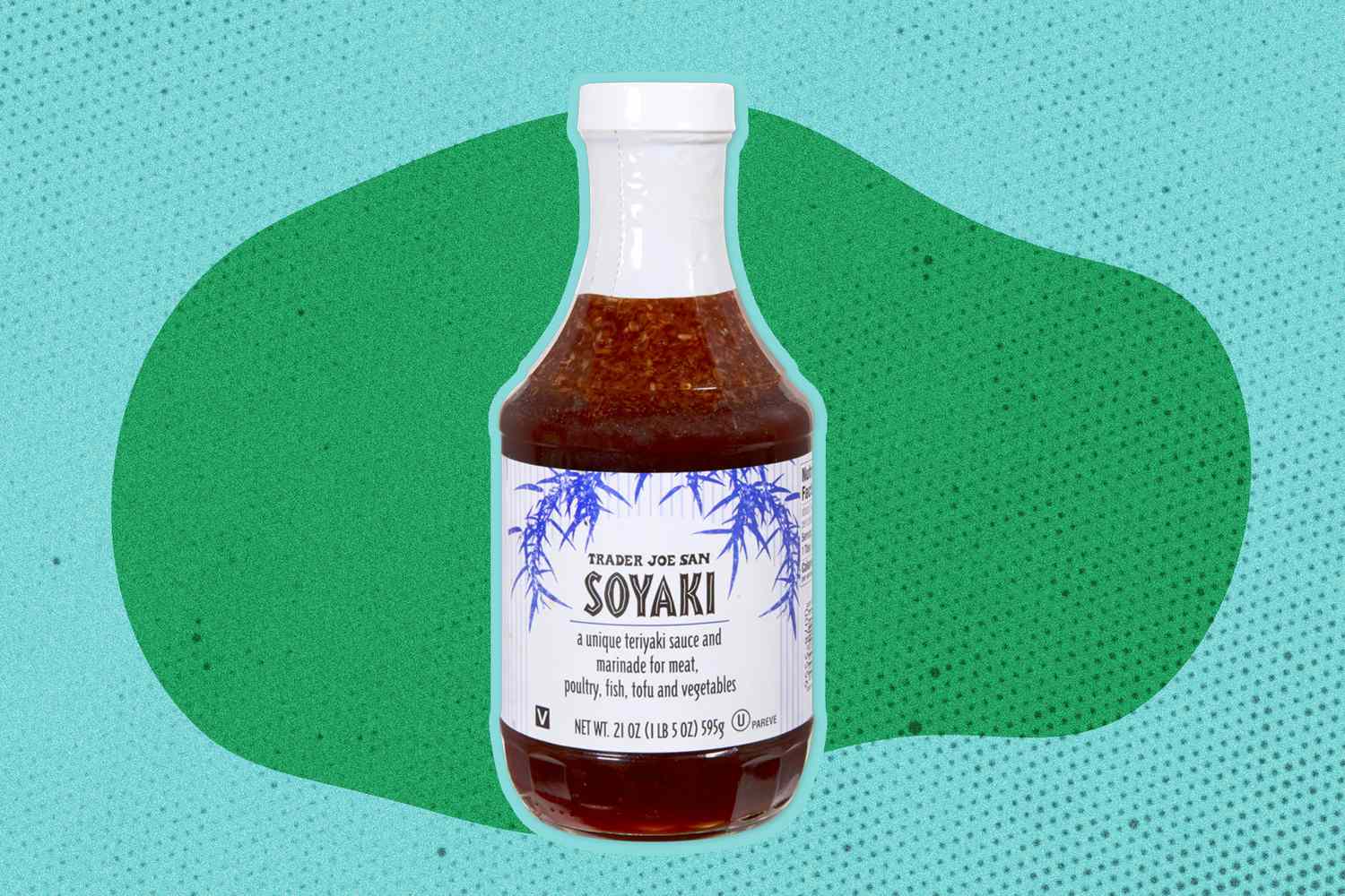 A Trader Joe's Soyaki bottle on an illustrated background