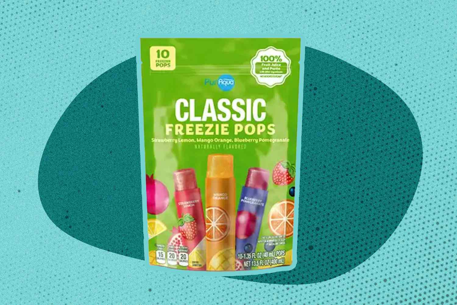 PurAqua brand "Classic Freezie Pops" packaging displaying the three flavors: strawberry lemon, mango orange, and blueberry pomegranate