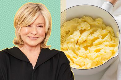 Photo cut-out of Martha Stewart next to a photo of a pot of mashed potatoes