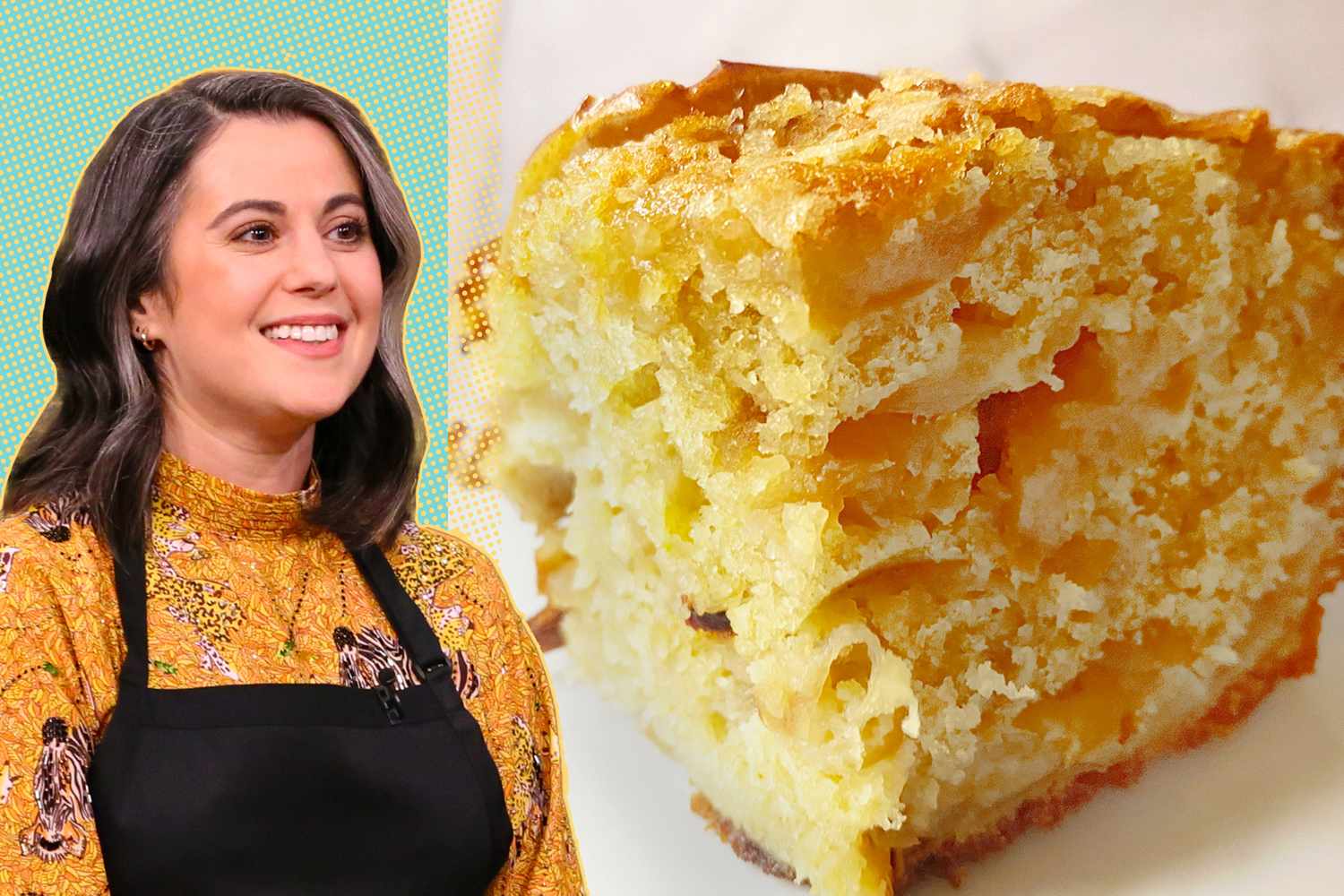 A smiling chef in a patterned top with an apron next to a slice of apple cake