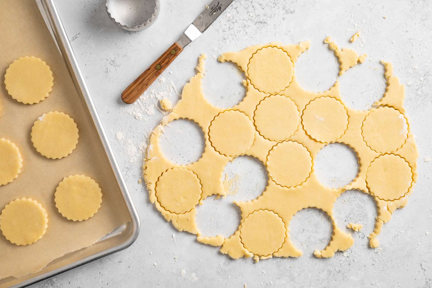 Classic Shortbread Cookie Removed from Dough and Placed on Baking Sheet for Cut-Out Cookies