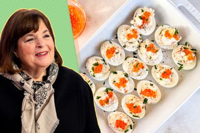 A split image of Ina Garten and a tray of deviled eggs