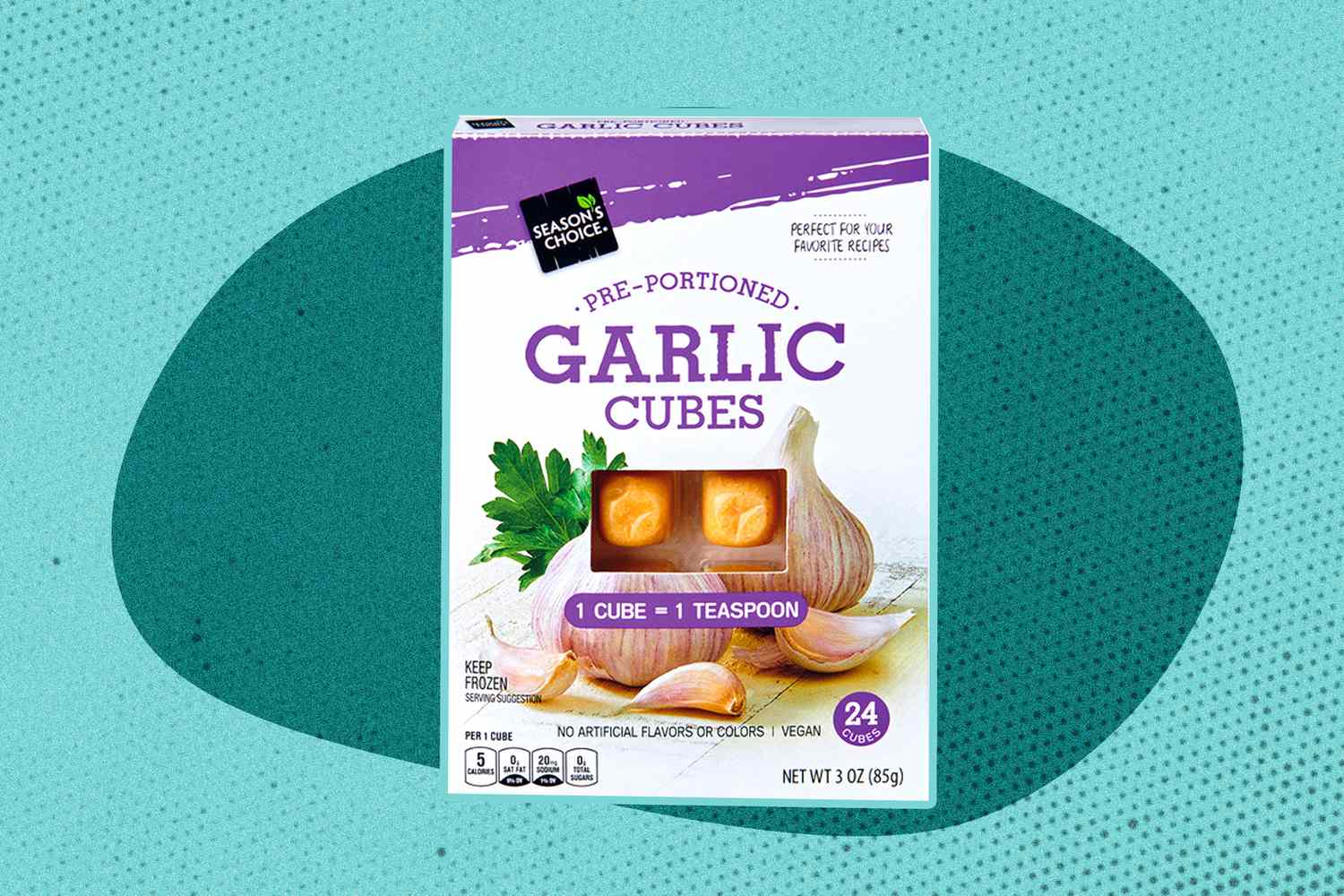 A box of Season's Choice pre-portioned garlic cubes on an illustrated background