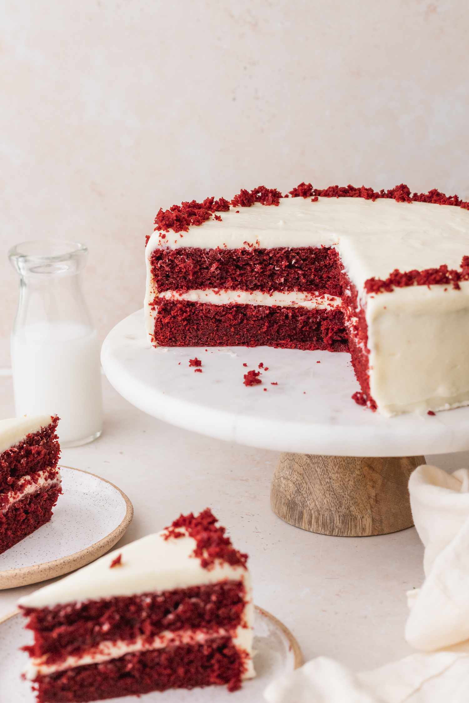 Cut slices of the best red velvet cake 