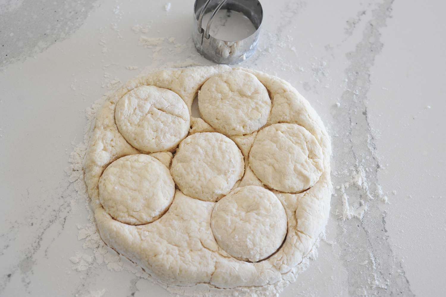 Dough with rounds cut out to make English-Style Scones.