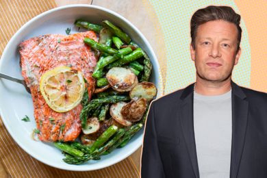 Jamie Oliver’s Easy Salmon and Potatoes on a plate next to a portrait of Jamie Oliver