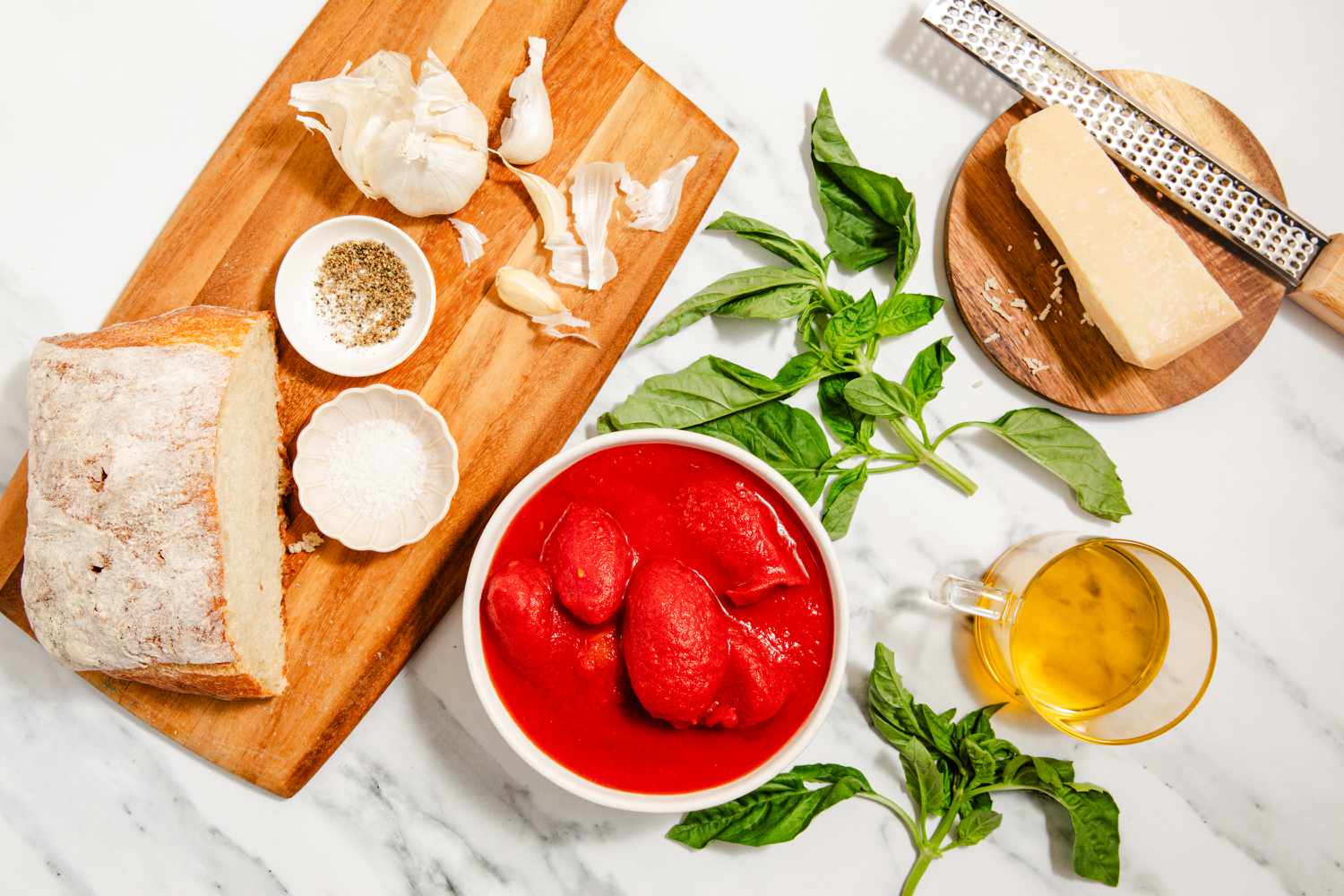 overhead view of all ingredients for Jamie Oliver's Tomato Soup