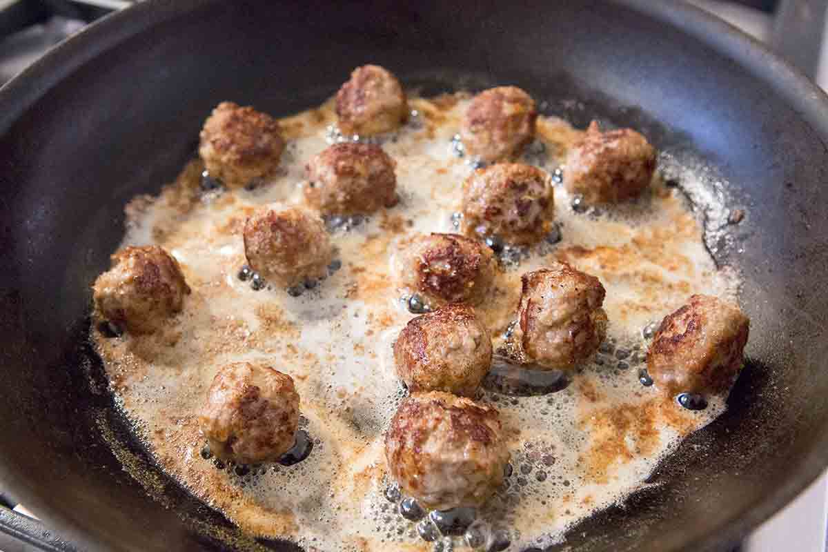 Browning Swedish Meatballs in pan