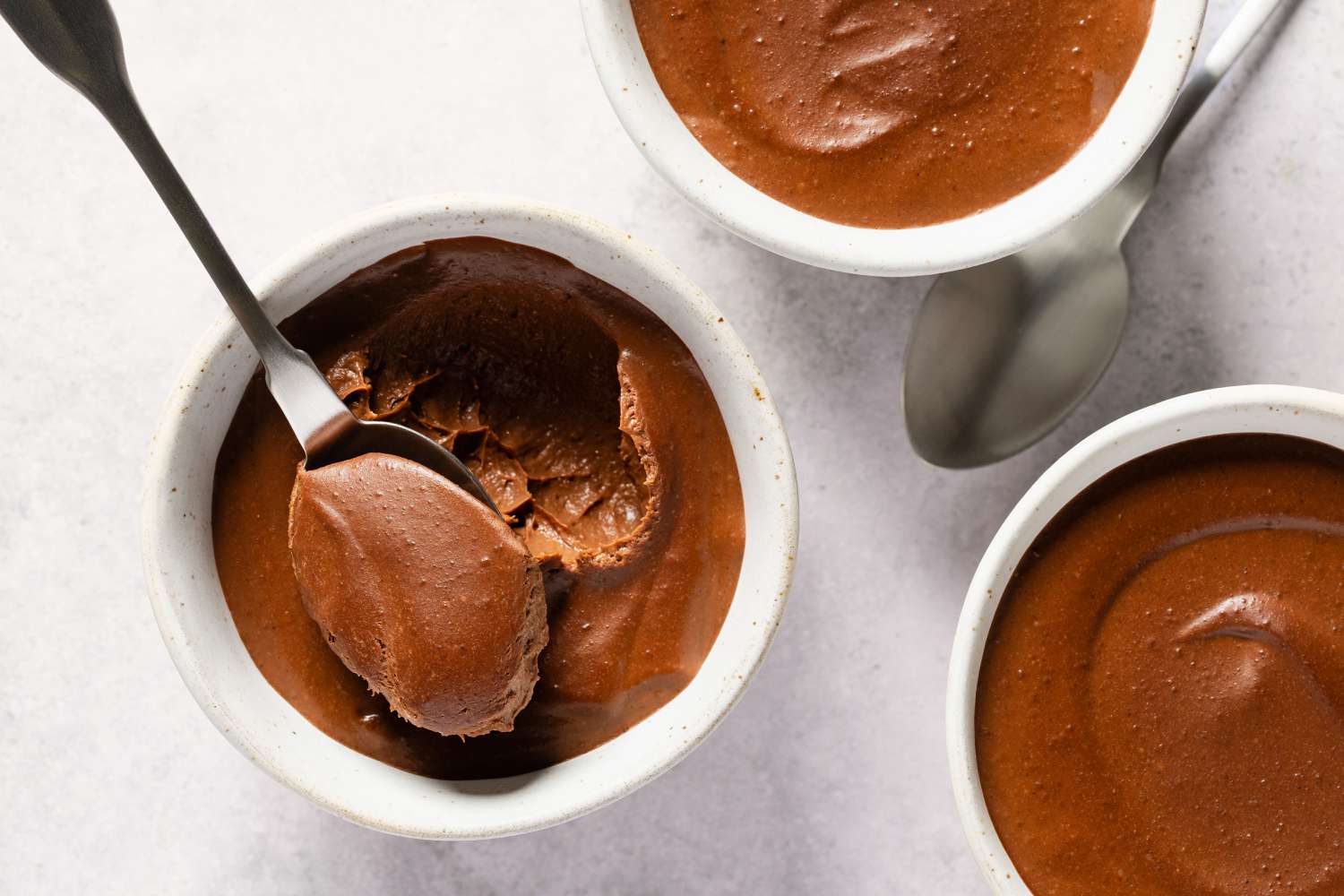 overhead view of small bowls of 2-Ingredient Chocolate Mousse