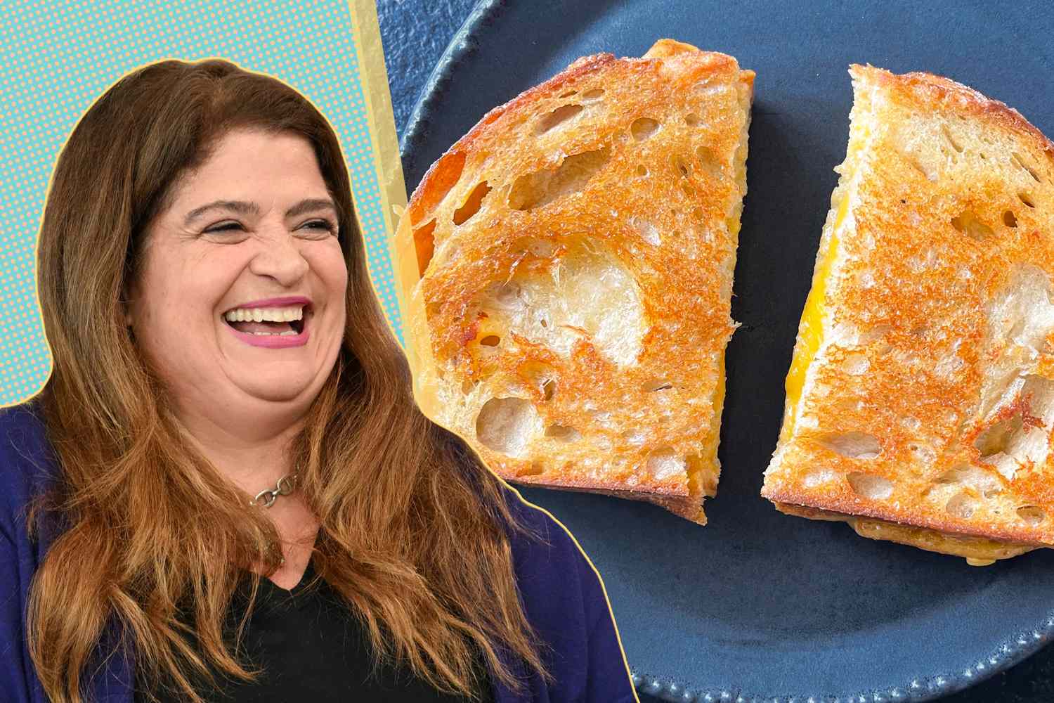 Alex Guarnaschelli with a grilled cheese sandwich on a plate next to her