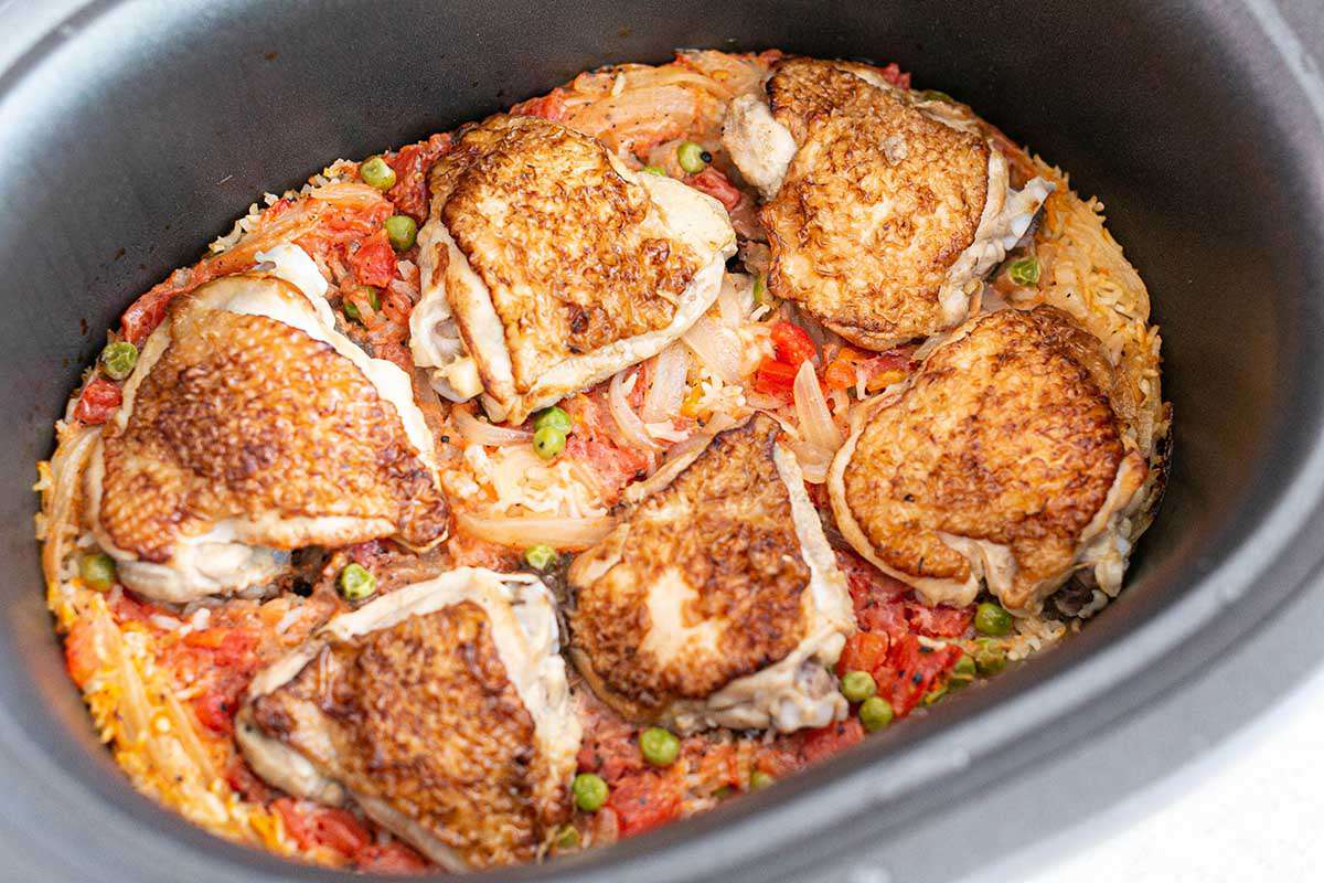 Chicken and rice casserole in a slow cooker