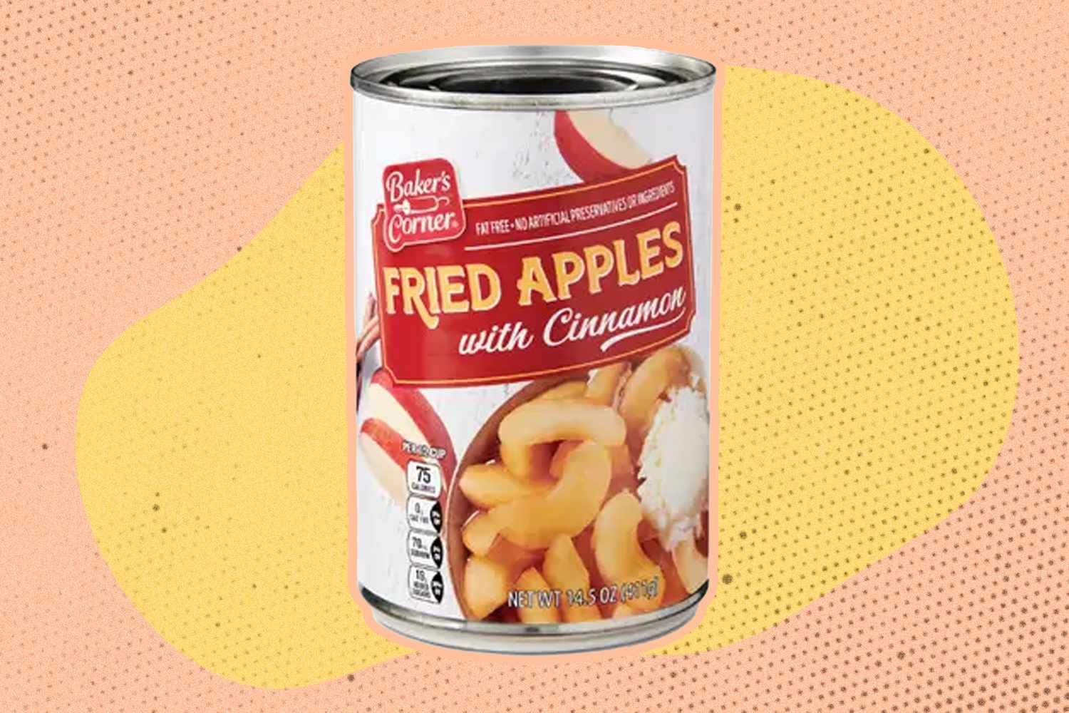 A can of ALDI fried apples with cinnamon on an illustrated background