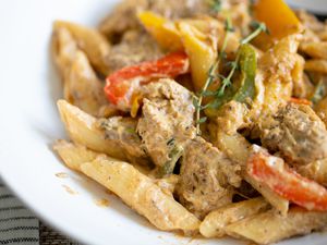 Rasta Pasta with Jerk Chicken in a Bowl