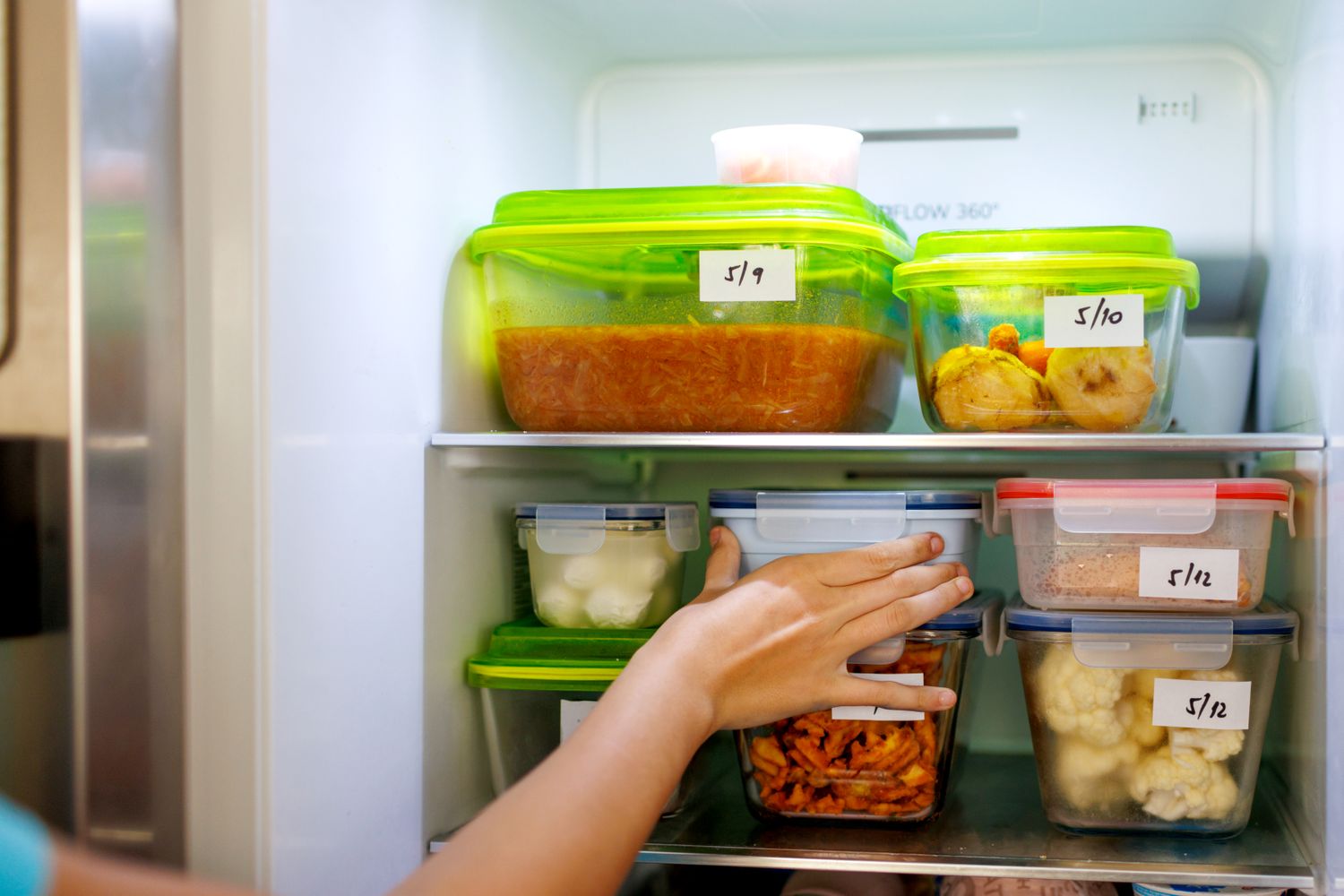 A hand reaching into a refrigerator storing labeled food containers