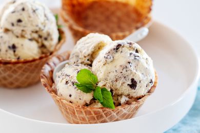 Mint chocolate chip ice cream served in waffle cups.