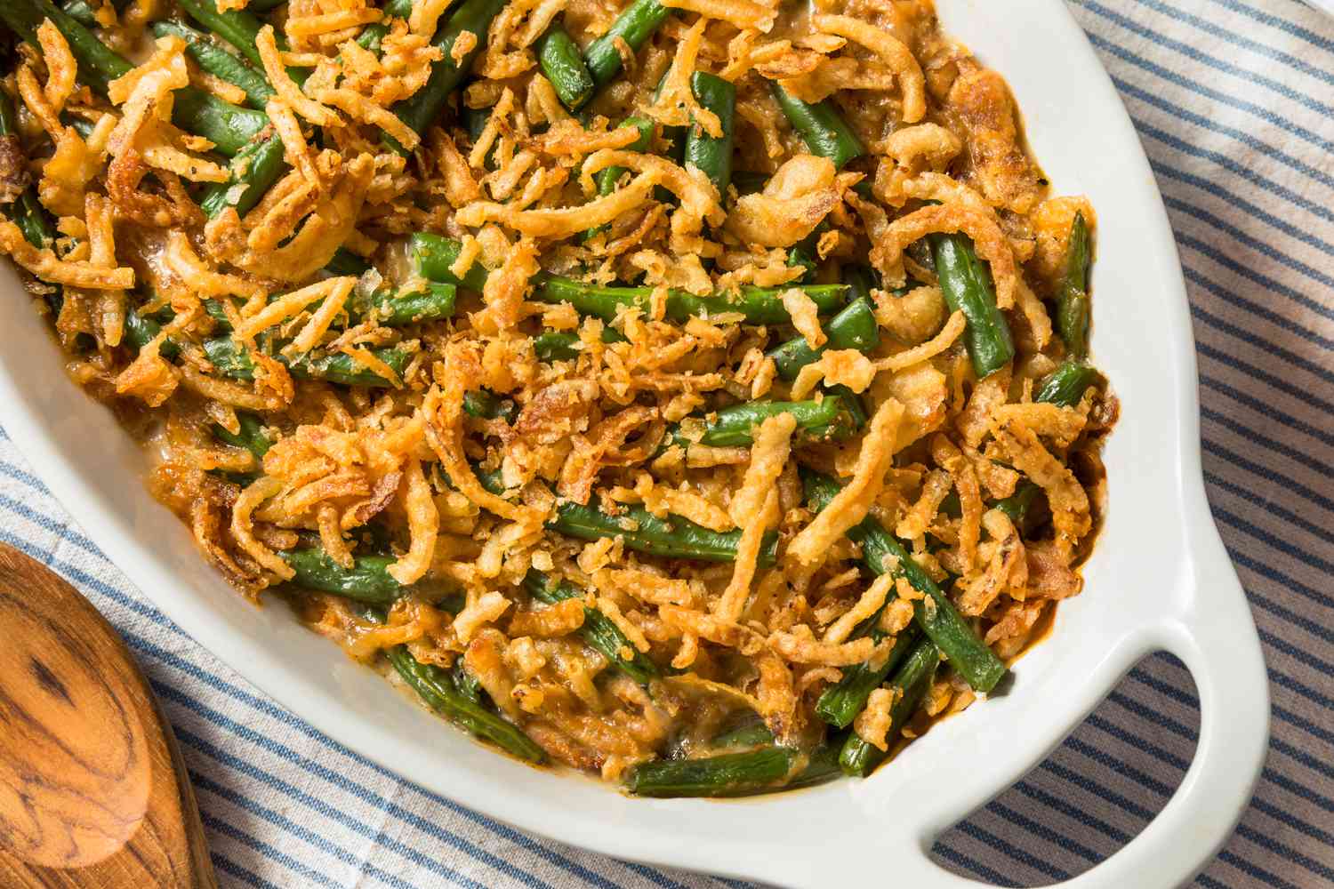 Green bean casserole in a casserole dish