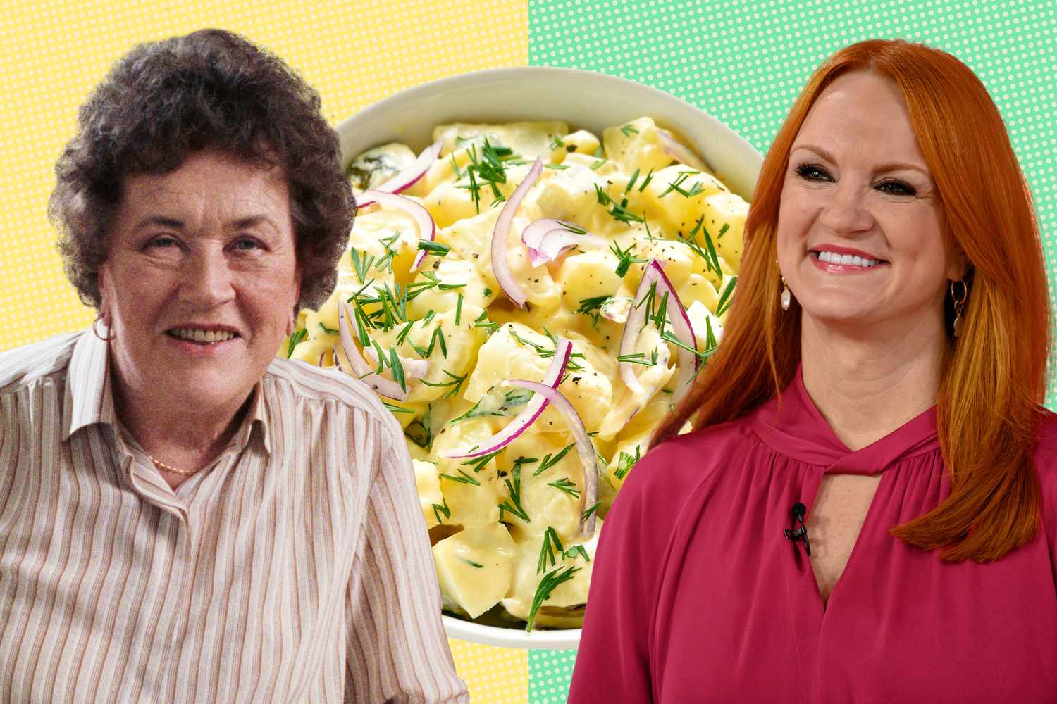 Julia Child and Ree Drummond in front of a dish of potato salad