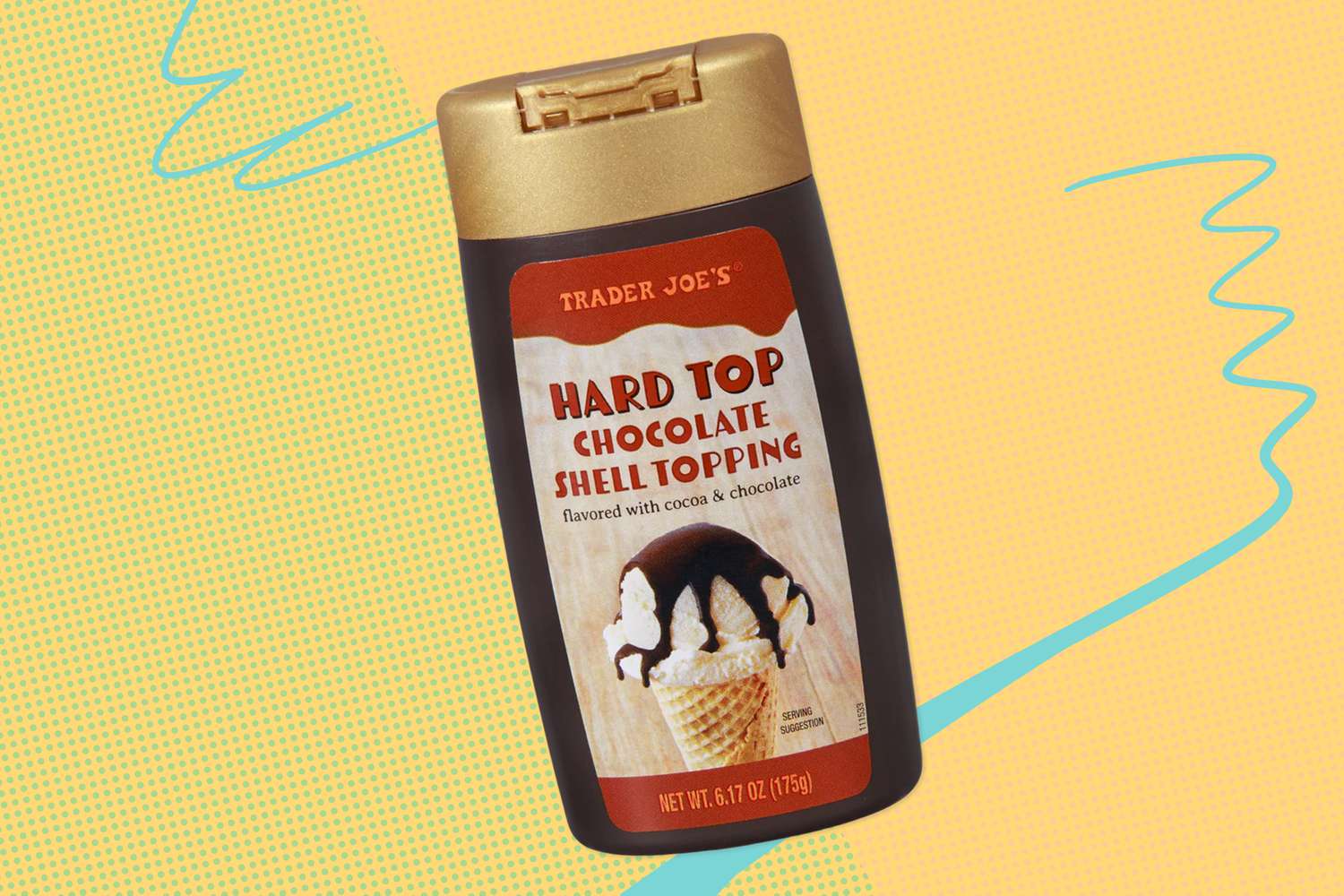 Trader Joe's Hard Top Chocolate Shell Topping bottle on a stylized background