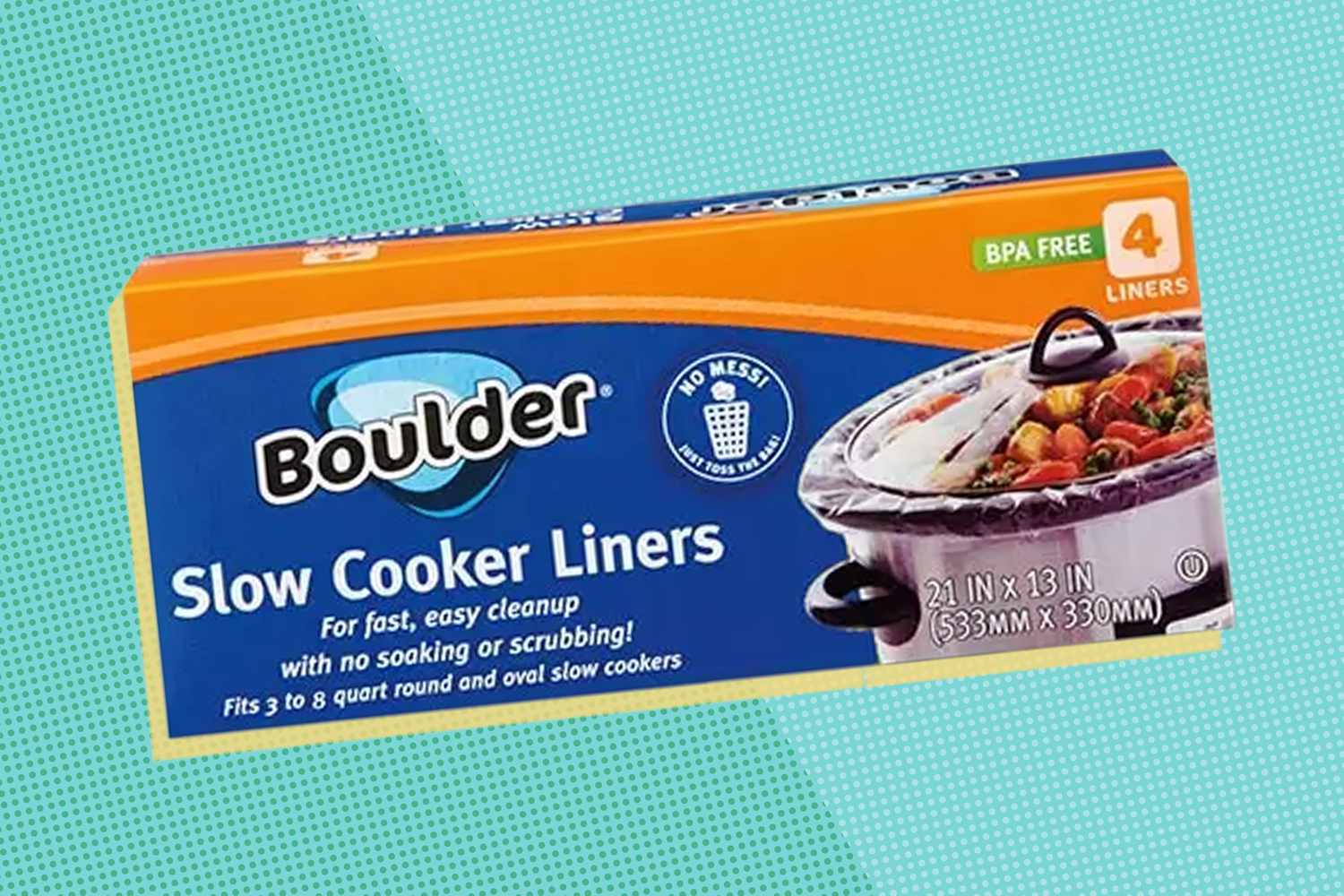 A package of Boulder brand Slow Cooker Liners on a light blue illustrated background