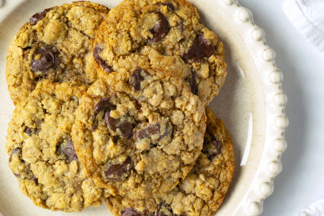 Plate with several oatmeal chocolate chip cookies