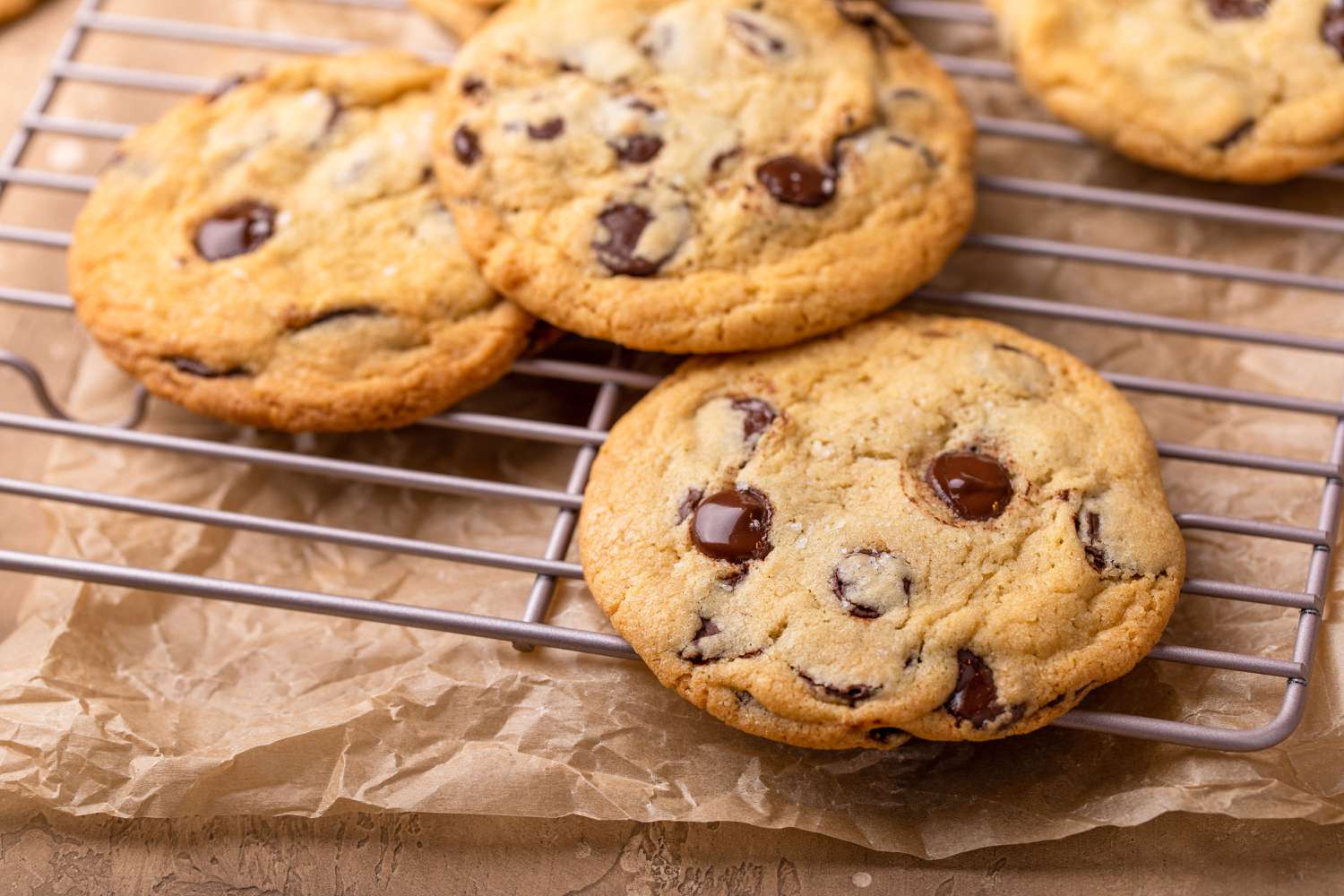 Chocolate chip cookies on a cooling rack