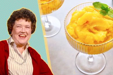 A split image of Julia Child and glasses of her frozen peach dessert