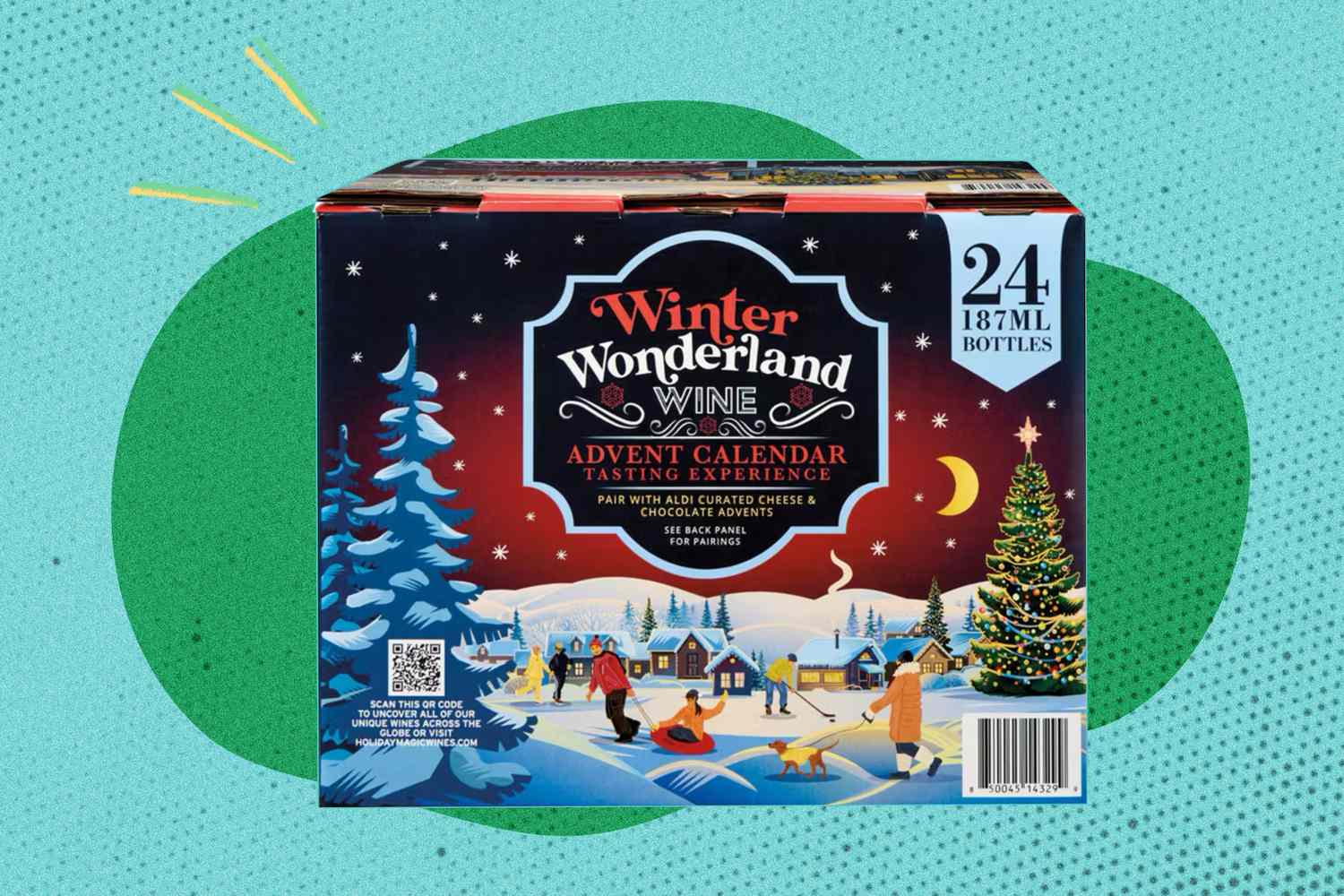 Winterthemed advent calendar box labeled Winter Wonderland Wine Advent Calendar Tasting Experience with a festive background design