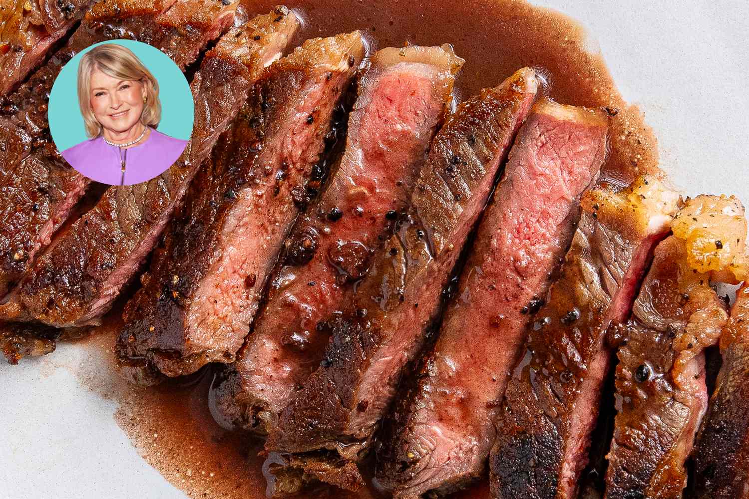 Sliced cooked steak with an image of Martha Stewart overlaying the top left