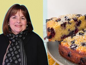 Photo of Ina Garten next to a photo of her blueberry ricotta cake
