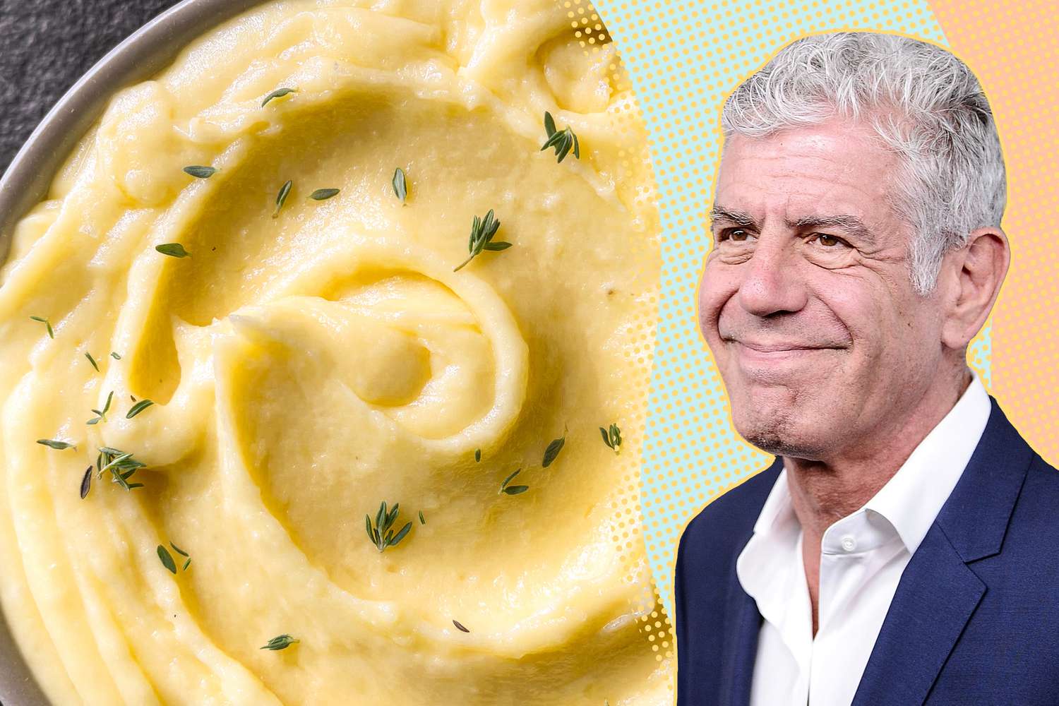 A split image of a bowl of mashed potatoes and Anthony Bourdain