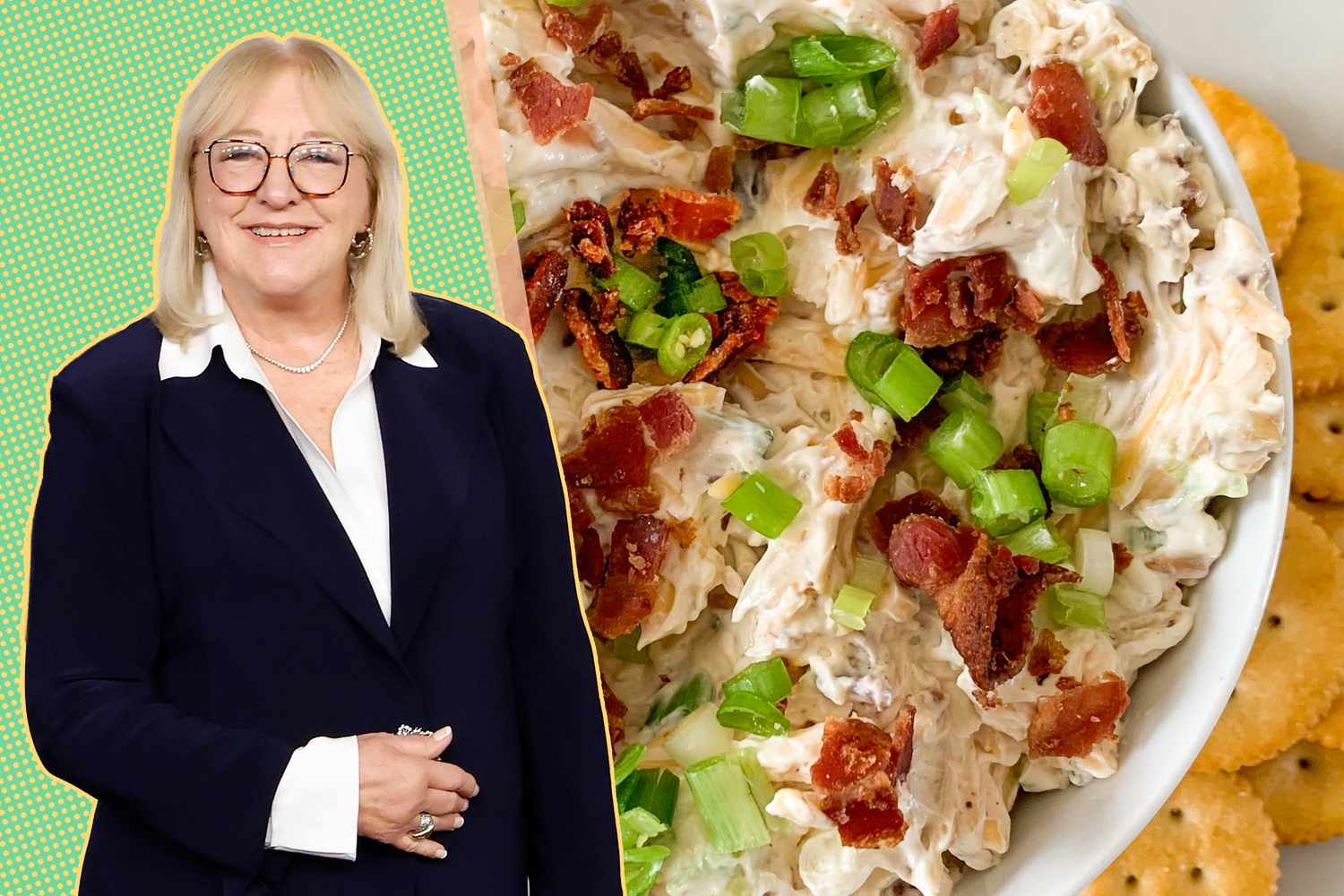 A woman in formal attire next to a closeup of a dip with bacon and green onion