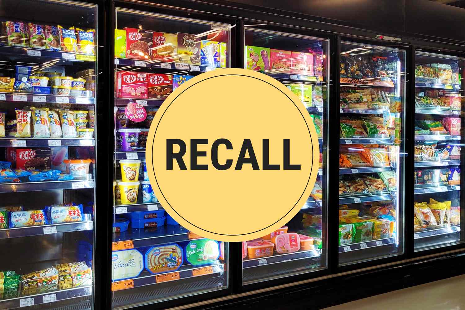 Supermarket freezer section with a yellow circle and the word RECALL overlaid