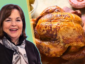 A split image of Ina Garten and a crispy roasted whole chicken