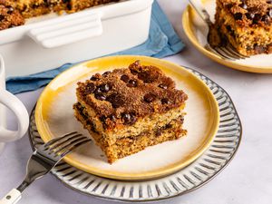 a slice of Ponderosa Cake on a dessert plate with a fork