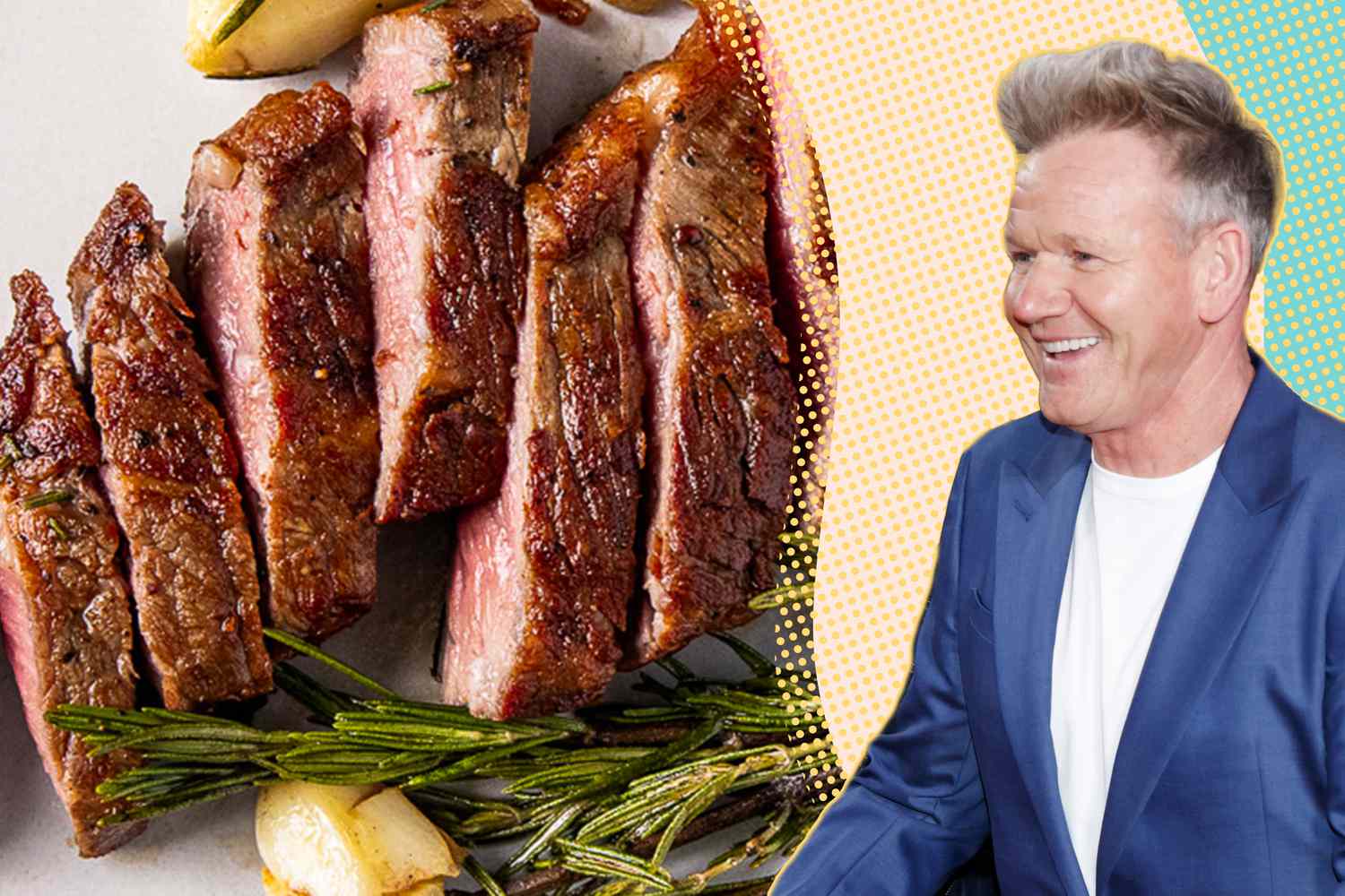 Gordon Ramsay next to slices of steak with garnish