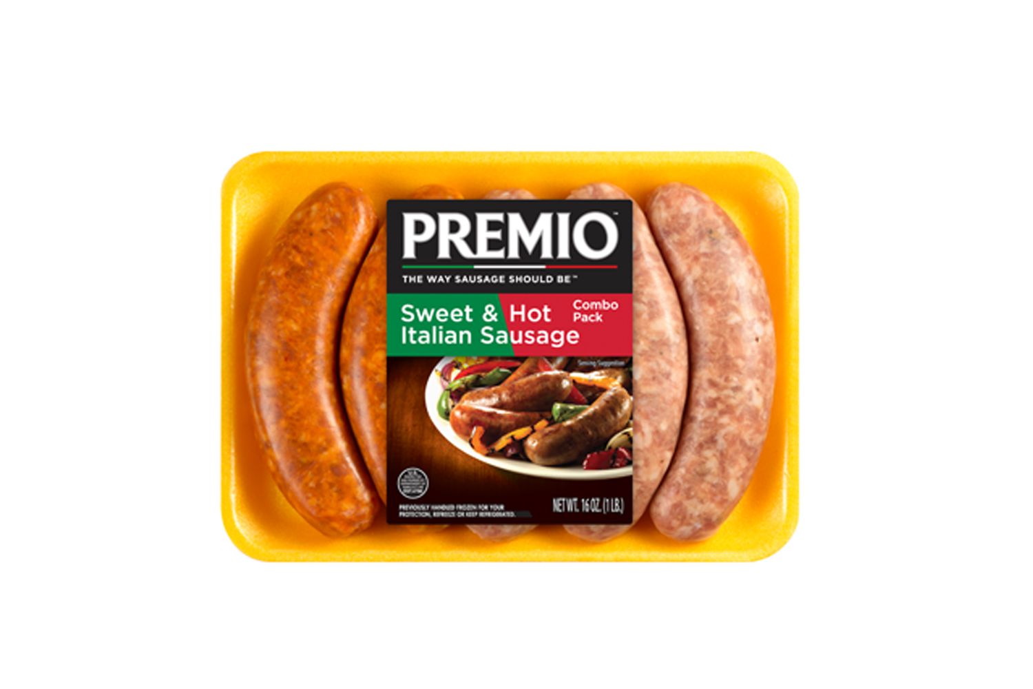 Packaged Premio brand sweet and hot Italian sausages in a yellow tray