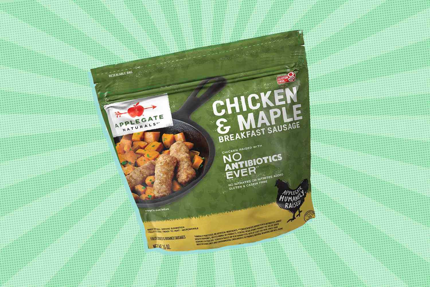 A bag of Applegate chicken & maple breakfast sausages on a green illustrated background