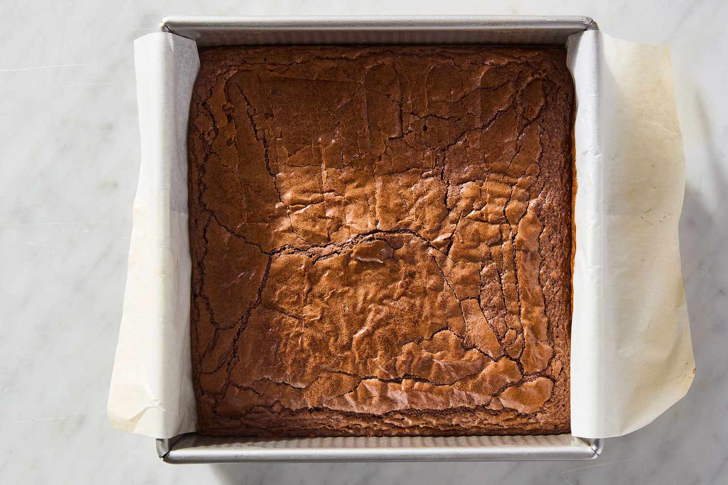 overhead view of a square pan of Mint Brownies