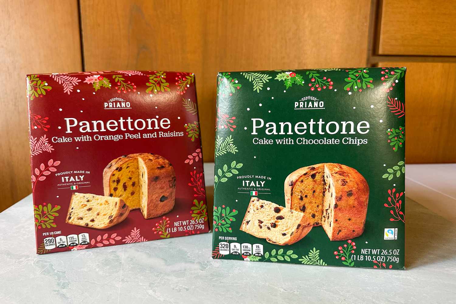 Packages of Priano Panettone Cakes from Aldi, one with Orange Peel and Raisins and one with Chocolate Chips