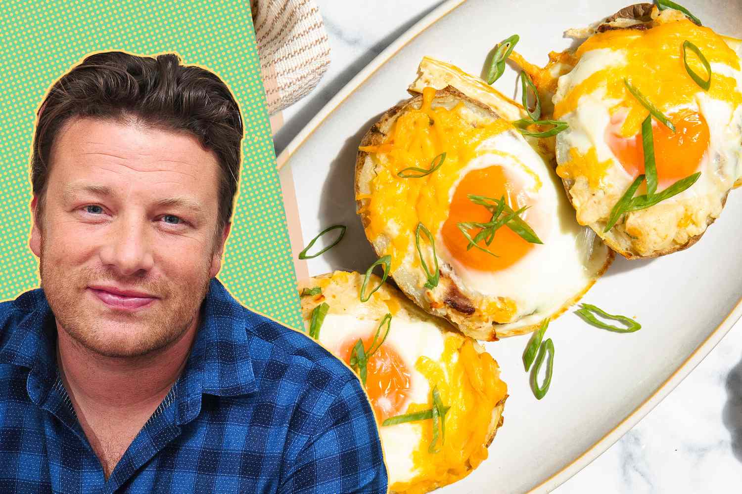 Jamie Oliver headshot next to a plate of his Loaded Potatoes recipe