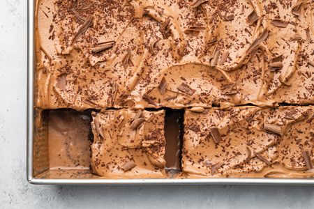 Chocolate Tres Leches Cake in a Cake Pan Cut into Slices