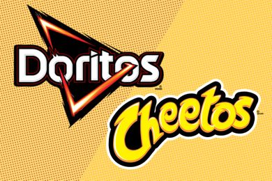 Logos of Doritos and Cheetos with stylized typography on a yellow background