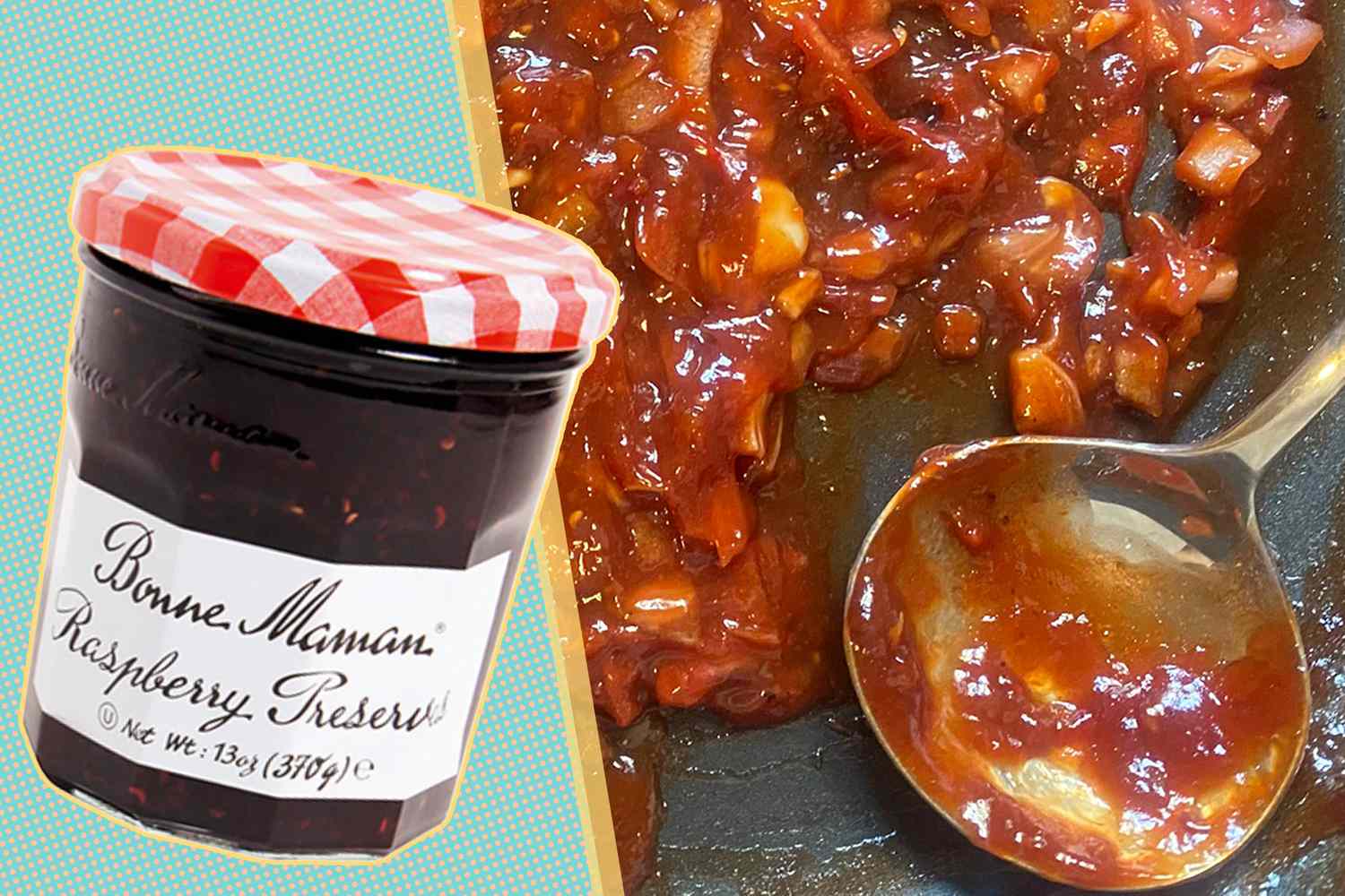 Monne Maman Raspberry Preserves next to an image of barbecue in a pan