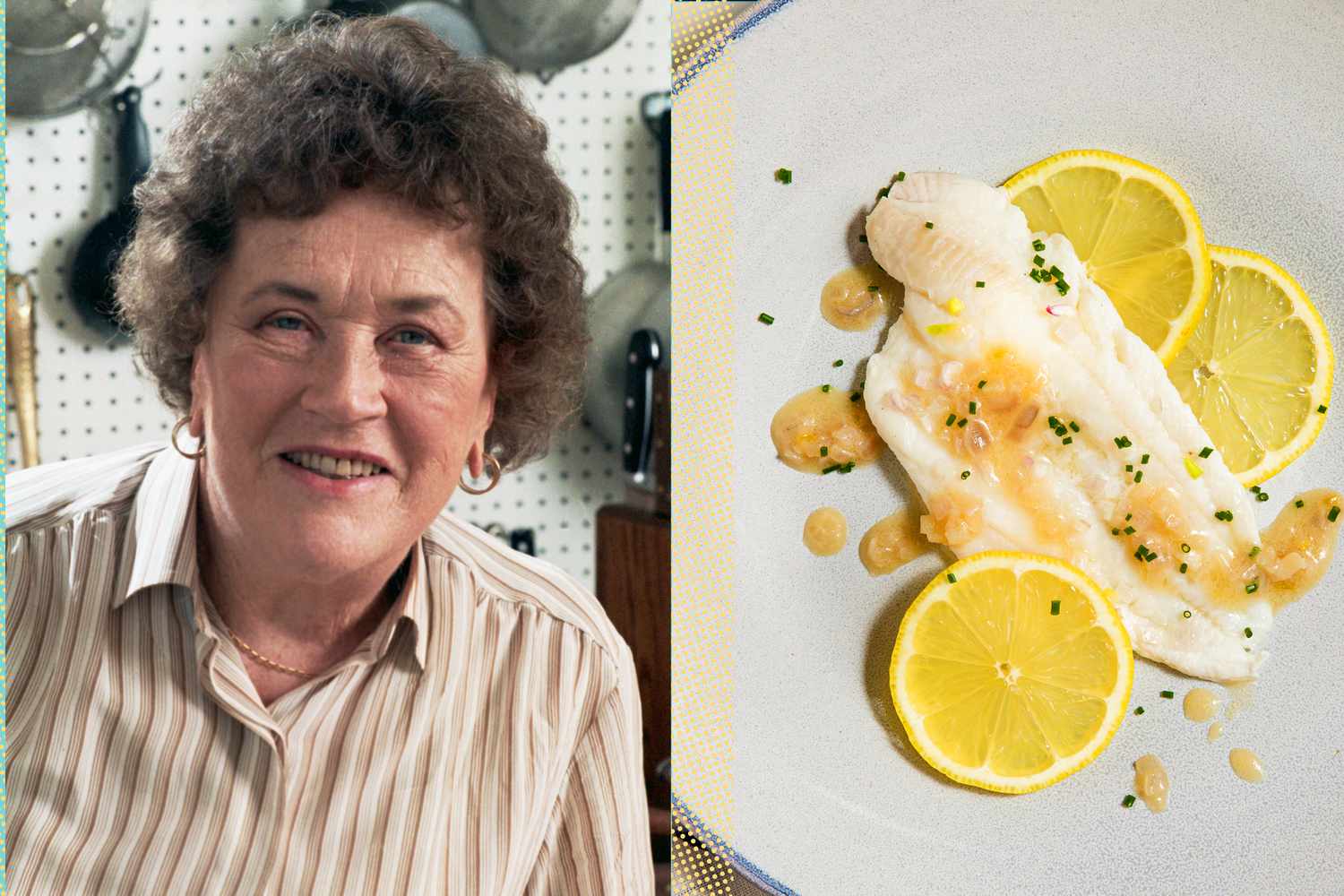 Julia Child next to a plated fish dish with lemon slices