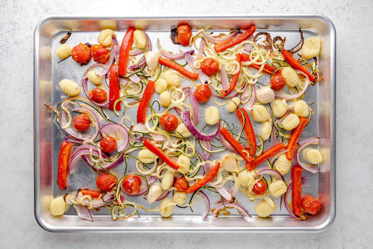 Sheet Pan Gnocchi Ingredients on a Sheet Pan (Roasted)