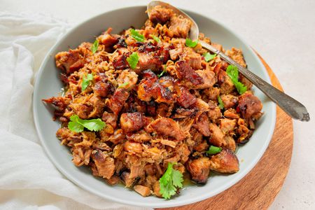 Carnitas in a Bowl with a Serving Spoon