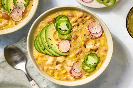 overhead view of a bowl of Dump-and-Stir White Chicken Chili