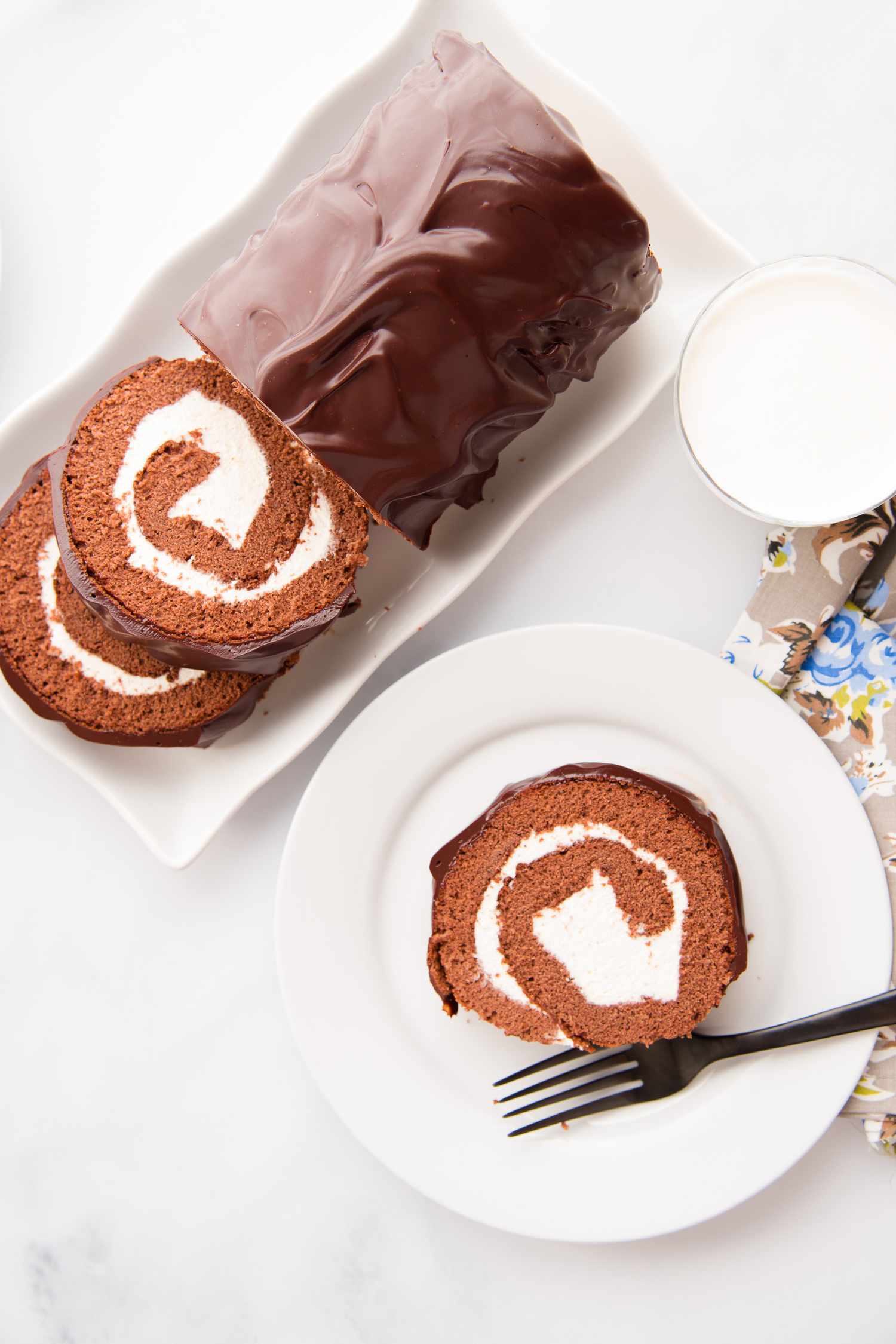 Overhead view of a chocolate cake roll.