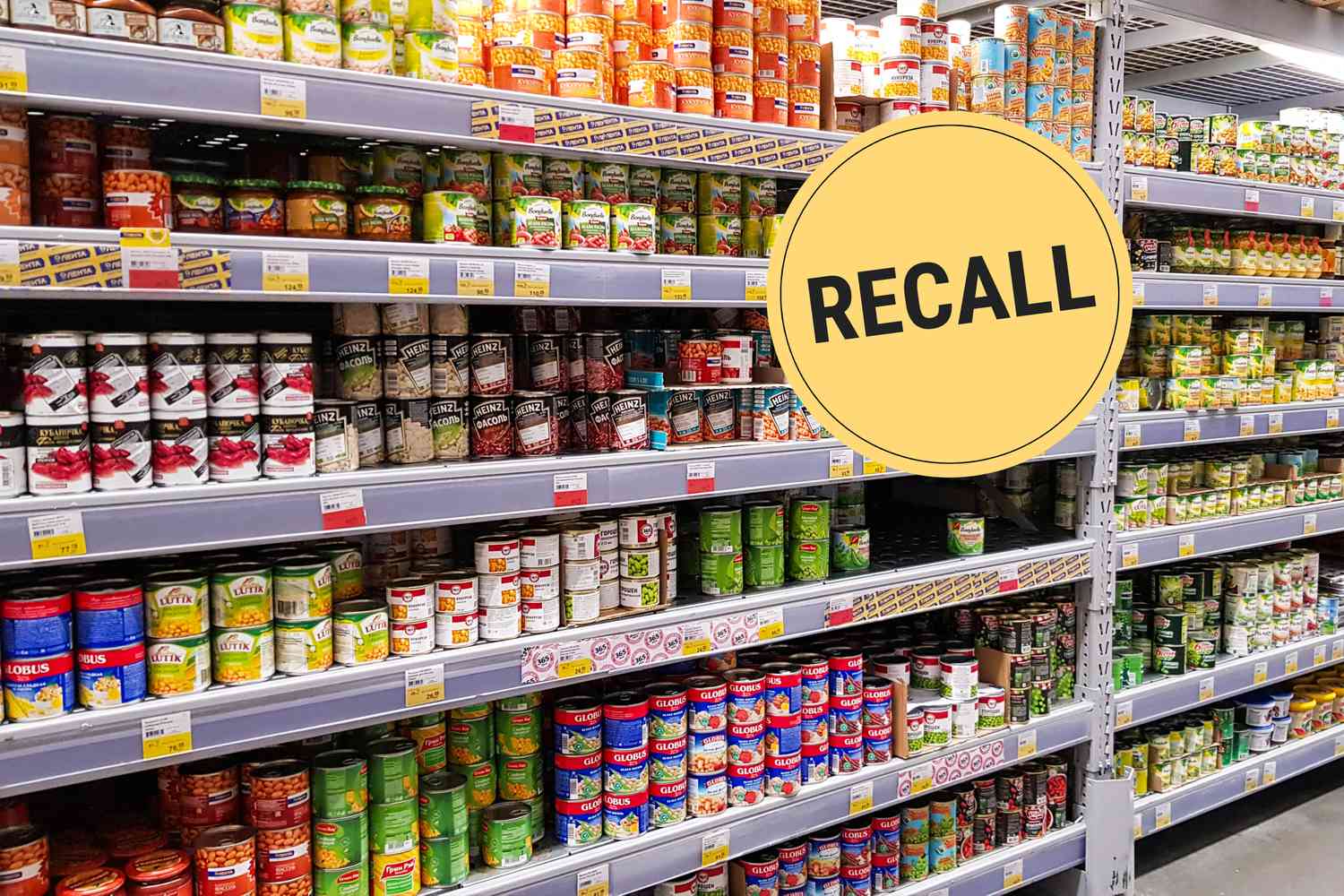 Grocery store shelves with a "Recall" badge superimposed