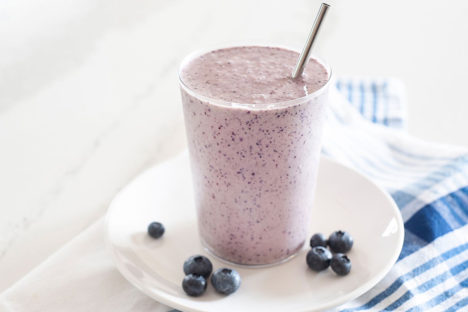 Side view of quick and easy blueberry smoothie.